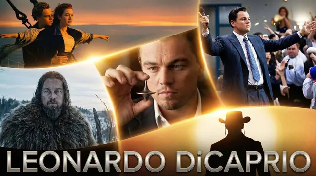 Create an epic poster showcasing the most iconic moments of [Leonardo Wilhelm DiCaprio] career. epic, cinematic, lens fl