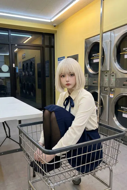 A young adult cosplay model with a platinum blonde bob haircut and a white blouse with navy ribbon sits inside a metal laundry cart in a bright yellow laundromat, with stacked drye