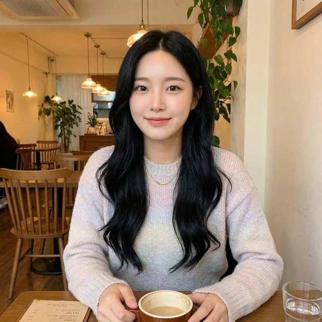 A young, beautiful Korean female celebrity in her early 20s, with long wavy black hair and natural dewy makeup, sits at a wooden restaurant table, smiling sweetly at the camera wit