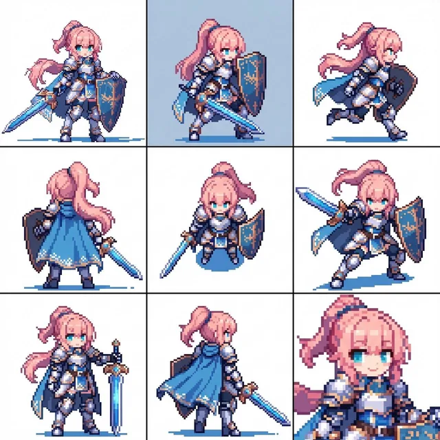 In a 3×3 grid, each cell should have an aspect ratio of 2:3. Show the same character from different angles while keeping