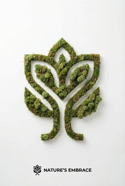A top-down view of a geometric brand logo icon made entirely of textured green moss, presented on a clean white studio background with a small brand signature at the bottom.