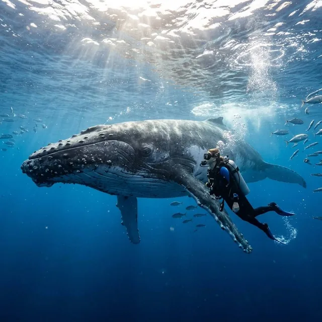 Diver swimming underwater encountering a huge gentle whale, clear blue seawater, soft sunlight filtering through water r