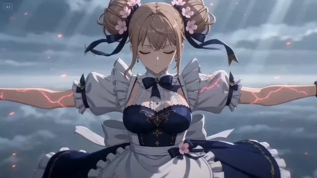A young woman with twin buns and cherry blossoms transforms into a mecha warrior during a dramatic free-fall, assembling armor and drawing a glowing Sapphire Blossom Saber-Staff.