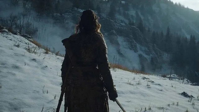 SUBJECTS: A lone sword-bearing woman in weathered fur and leather fights a massive polar bear with desperate, two-handed
