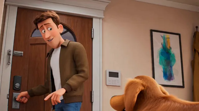 Stylized 3D animation of a Golden Retriever lounging on a sofa, leaving a dent, then quickly sitting upright as its owner returns.