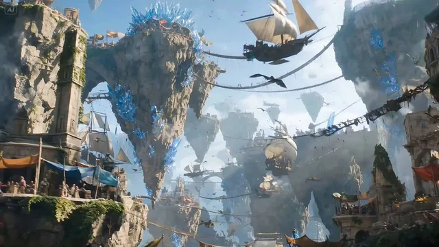 A daring aerial rogue diving on a bio-mechanical glider through a chaotic floating-island bazaar, weaving effortlessly t