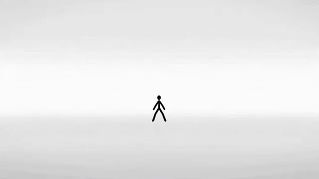 SUBJECTS: Two 2D stick fighters drawn as solid black lines on a pure white field. One is lean and reactive, the other is