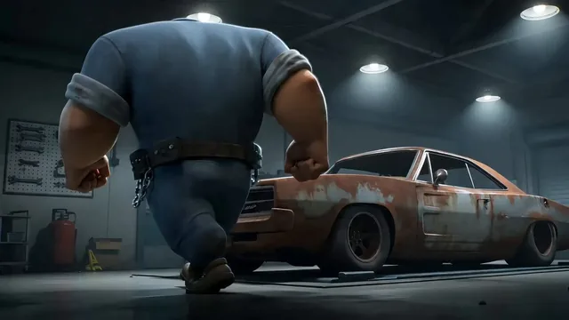 Stylized 3D animation with exaggerated proportions, sharp martial-arts-inspired choreography, and controlled, rhythmic e