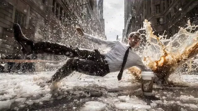 Bullet time effect. A businessman in white shirt and black tie slipping and falling backwards on icy wet street in Wall