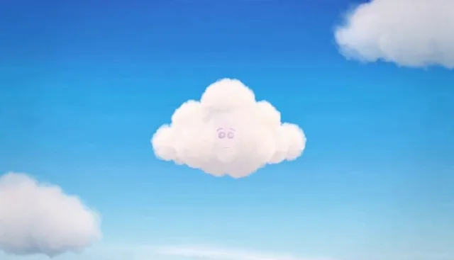 Ultra-cute pastel cloud animation, soft rounded chibi style, bright sky tones, smooth bouncy physics, cinematic motion.