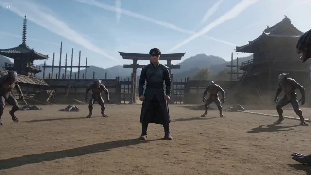 cinematic martial arts confrontation in broad daylight, a blind shaolin monk wearing a dark, stylized combat outfit insp