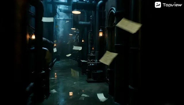Noir fantasy film sequence. Opening shot: The camera enters a house. On a perch sits a futuristic mechanical bird with g