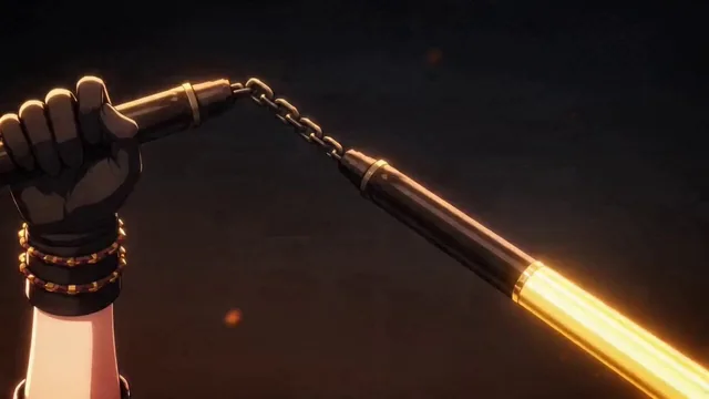 A glowing golden nunchaku spins rapidly in both hands, carving bright arcs against the dark background. Each swing leave
