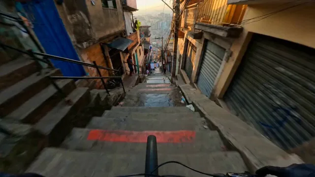15s / 180 BPM / ONE CONTINUOUS SHOT / 360 POV downhill stair run, viral energy, max chaos SUBJECTS: First-person cyclist