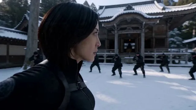ultra cinematic 15-second continuous action sequence, a deadly kunoichi in a sleek combat outfit stands in a snowy Japan