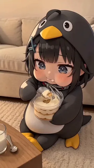 A super cute chibi-style anime cartoon little penguin girl with big sparkling eyes, fluffy black and white feathers, tin