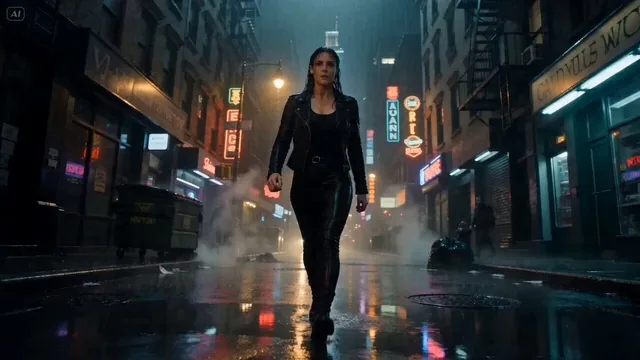 A lone female fighter in a leather jacket, drenched in rain, fights multiple opponents on a dark, wet New York street at night, illuminated by neon signs and streetlights.
