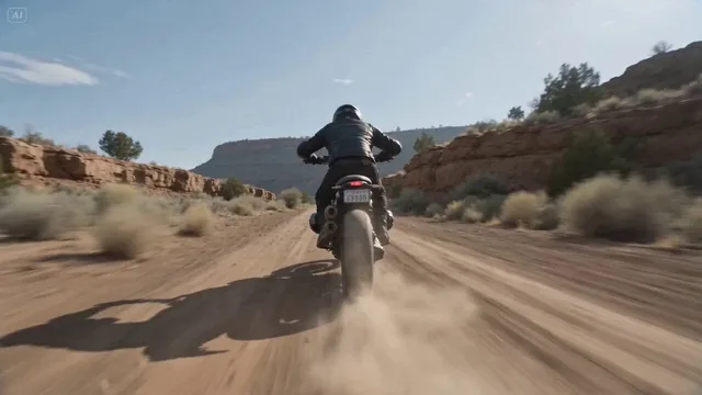 Ultra cinematic high-speed chase sequence, a powerful motorcycle racing at extreme speed along a rugged open terrain roa
