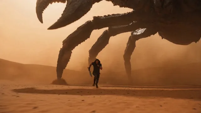 n intensely realistic, VFX-heavy cinematic sequence shot on ARRI Alexa 65. In a vast, heat-shimmering desert, a lone war