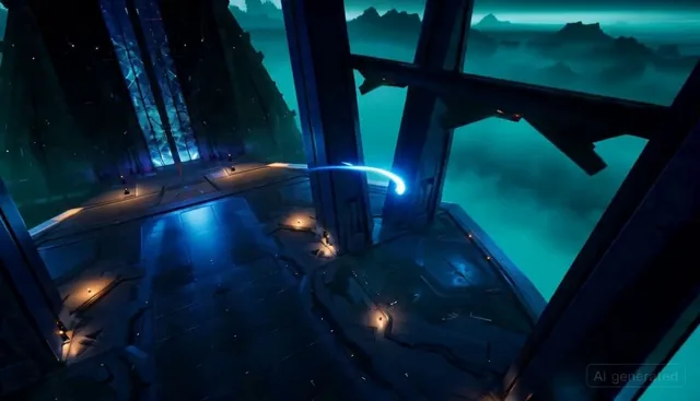 Setting: Dark fortress interior with towering metal structures. Teal/cyan illumination leaks through gaps between massiv