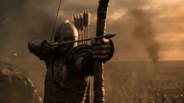 Epic wide-angle shot of a vast ancient battlefield at golden hour, thousands of warriors clashing with swords and shield