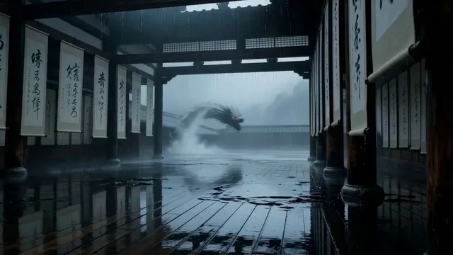 A silent monk in soaked black robes stands in an abandoned calligraphy hall during torrential rain. He fights using brus