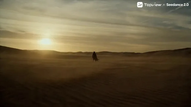15-second Original Desert Martial Arts Short Film: A black cat warrior in light armor stands alone in a desert where yel