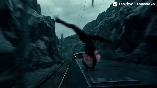 Dramatic low-angle tracking shot speeding along rain-slicked train tracks through a narrow mountain gorge. Dark rocky cl
