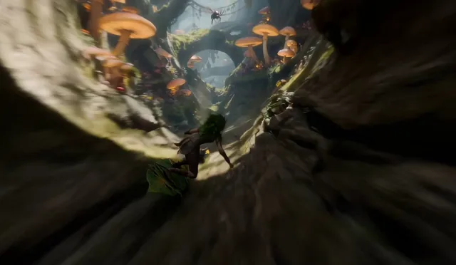 A nimble fae-ranger diving on a leaf-bladed wind-board down the colossal hollow trunk of a decaying World Tree, weaving