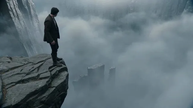 An adventurer descends from one towering cliff edge to another far below, forging a path downward where none exists, eac