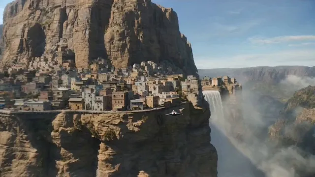 Speeder chase across a cliff city (single continuous shot) From a monumental cliffside city carved into stone, the camer