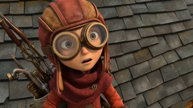 A bold little girl in a crimson aviator hood, brass goggles, and a satchel of clockwork tools swings into frame in the f