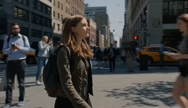 Cinematic ultra-realistic 15-second short film, western girl in a dark jacket walking through a busy city sidewalk, natu