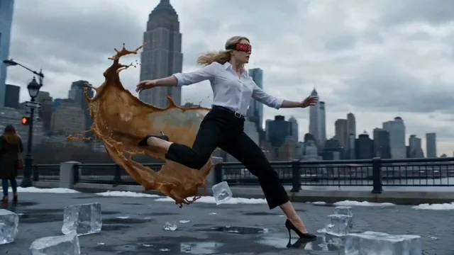 Cinematic 8K, ultra-realistic slow-motion video of a woman in a white button-down shirt and black trousers mid-air as sh