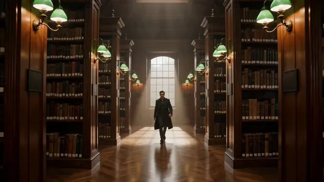A cinematic one-take begins in a majestic private library corridor, walnut walls, green banker lamps, dust floating in w