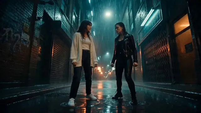 Cinematic scene of two girls fighting in a rain-soaked, neon-lit alley at night, shot with an ALEXA 65mm anamorphic lens, featuring teal shadows, amber highlights, and motion blur.