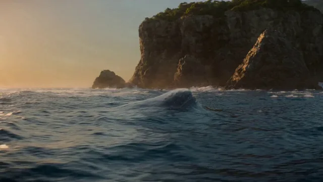 A hyper-realistic, high-octane cinematic video. A colossal, barnacled humpback whale violently erupts from a turbulent,