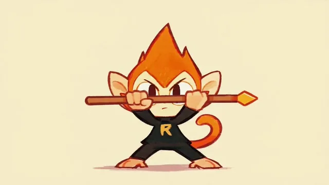 [image1] Warrior: small chibi monkey character — orange fur with flame-shaped hair tuft, large oval dark eyes, cream fac