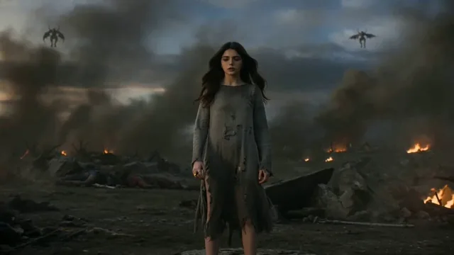Dark realistic tokusatsu transformation on an apocalyptic battlefield. A gloomy heroine in the reference image with a to