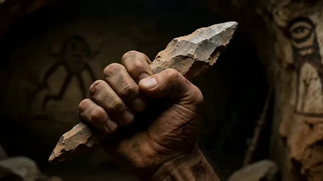 A one-take begins in extreme close-up on a Stone Age hand gripping a rough flint tool. The camera rotates slowly around