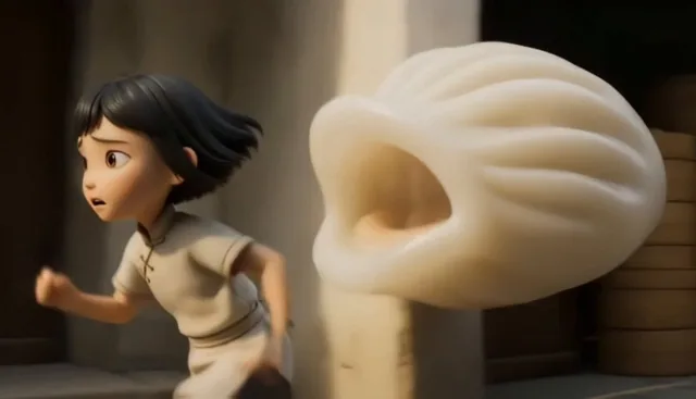 A young Chinese girl with a tense expression, rendered in a plasticine animation style, sprints away from a giant, semi-translucent shrimp dumpling monster with its mouth open.