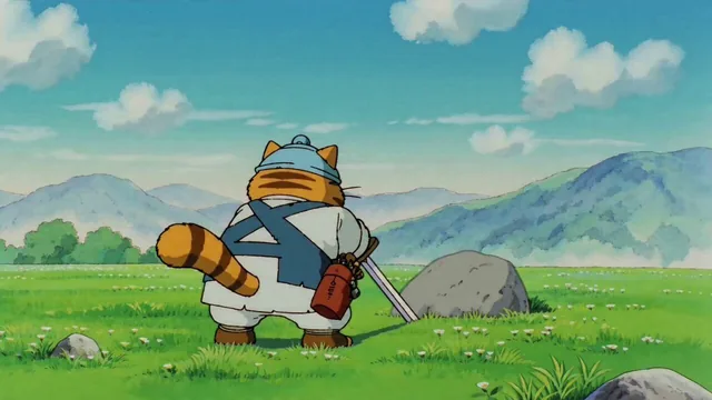 90年代の日本アニメ風 伝説の剣を抜くためにやってきたキャラクター 大見得を切るセリフを話しながら思いっきり抜くために叫びながら踏ん張るが オナラをしてしまい情けない時間が流れる カメラもすごい演出 風が吹き荒れる そしてオナラをする する