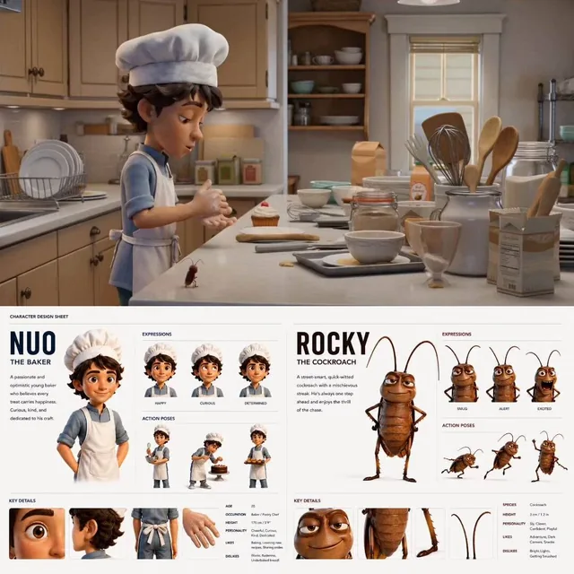 A professional 3D character design sheet displays two distinct protagonists, a human baker and an anthropomorphic cockro
