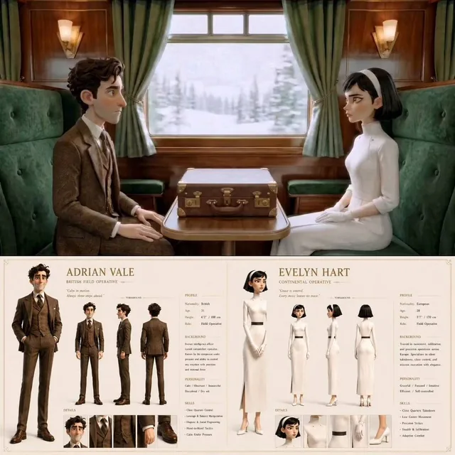 A stylized character design sheet features two sophisticated operatives, Adrian Vale and Evelyn Hart, presented in a cle