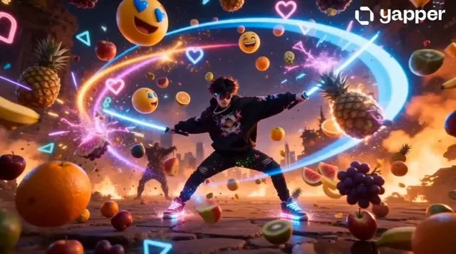 Ultra-stylized Gen-Z cinematic chaos video inspired by Fruit Ninja. A trendy anime-style Gen-Z boy wearing oversized str