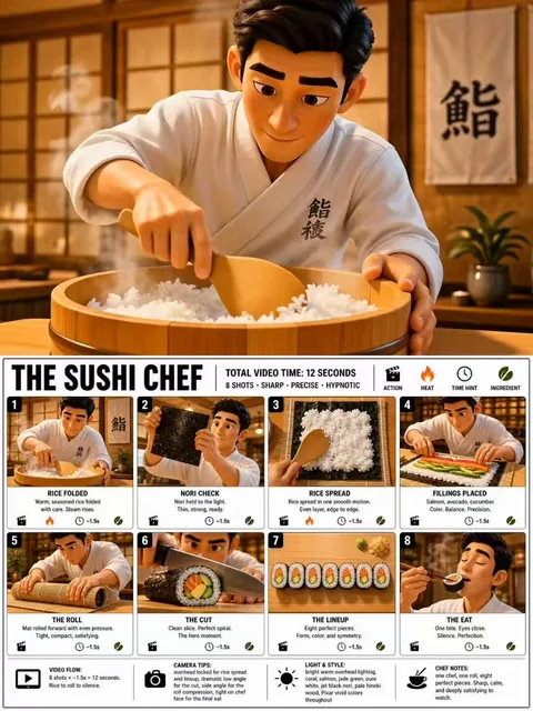 Create a crisp, clean infographic storyboard poster for THE SUSHI CHEF. Wide 16:9 layout, white background, black border