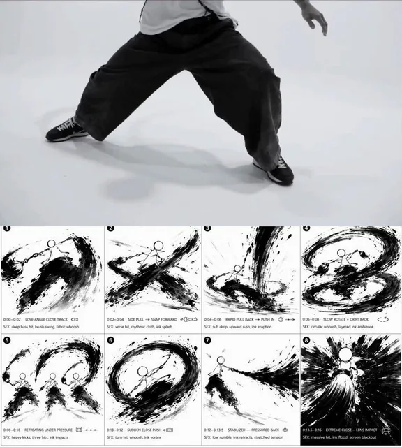 Create a director-style PREVIS action storyboard focused on 8 continuous action frames using only minimal stick figures.