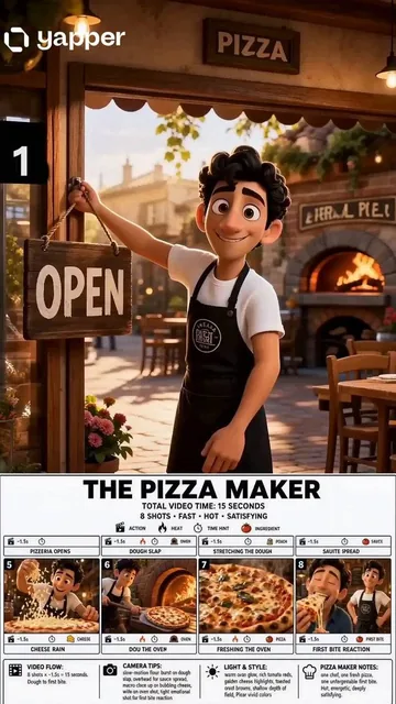 Create a crisp, clean infographic storyboard poster for THE PIZZA MAKER. Wide 16:9 layout, white background, black borde