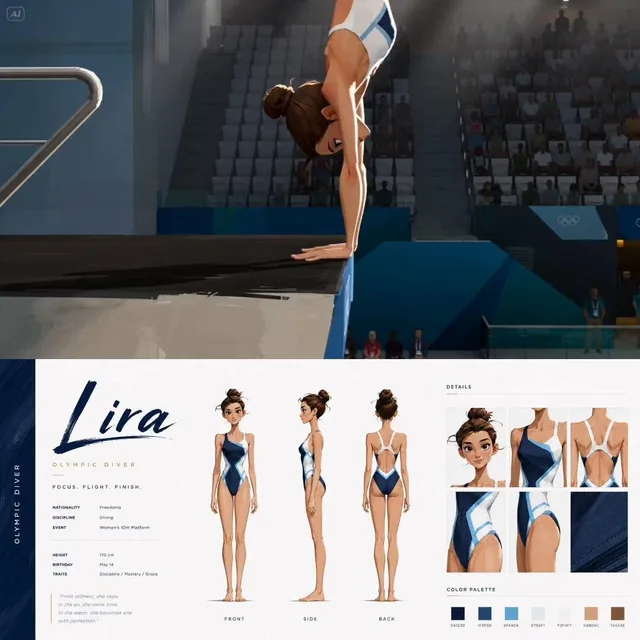 A professional character concept art sheet featuring Lira, an Olympic diver, displayed in a clean, minimalist layout aga
