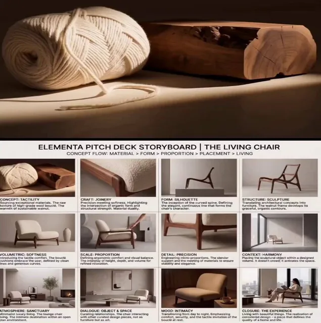 Create a high-end 4:3 luxury furniture pitch deck storyboard in 3x4 grid (12 frames), editorial layout, Poltrona Frau/B&